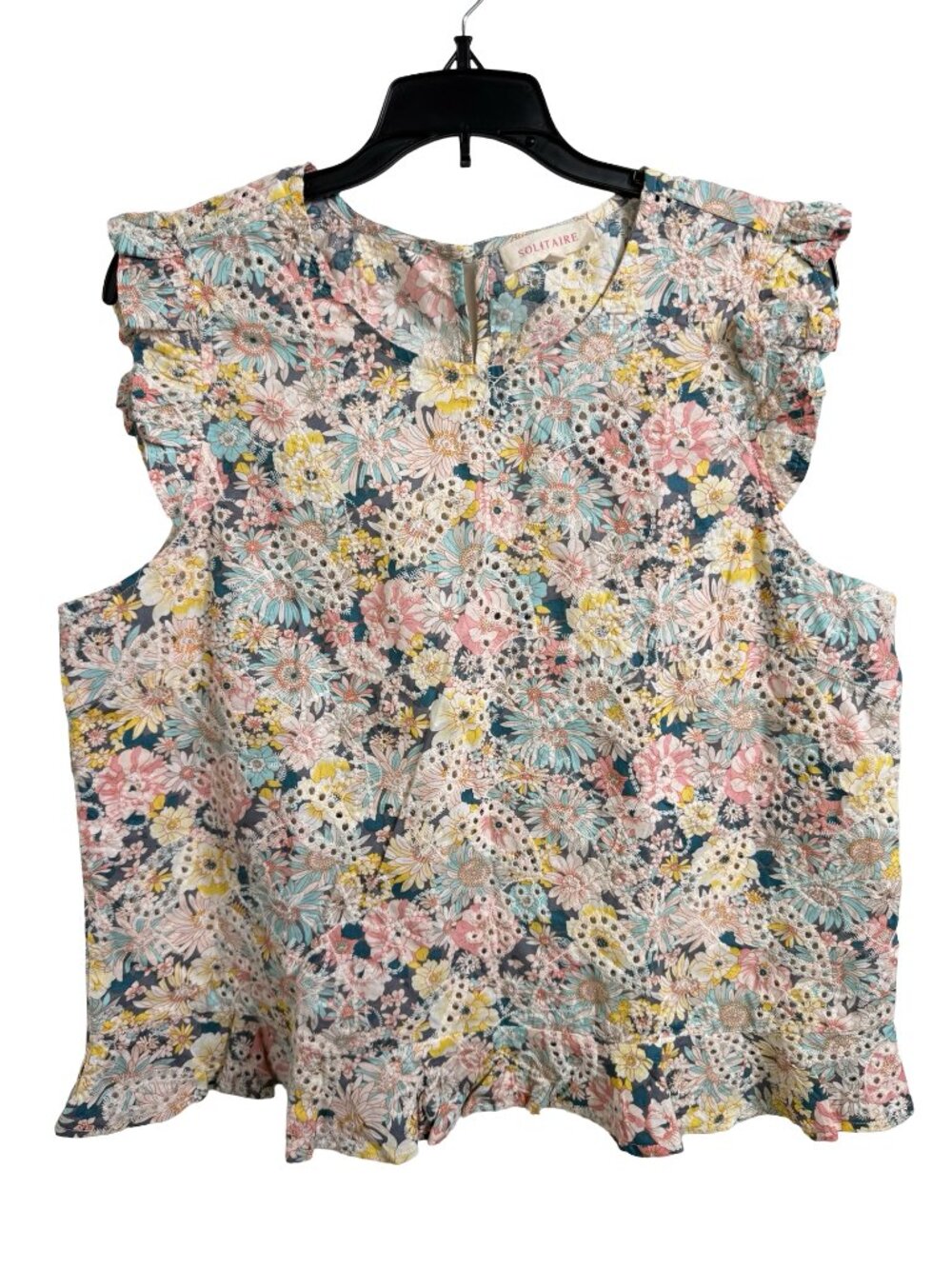 Solitaire Top Blouse XL Multicolor Floral Eyelet Embroidered Boho Peplum Girly